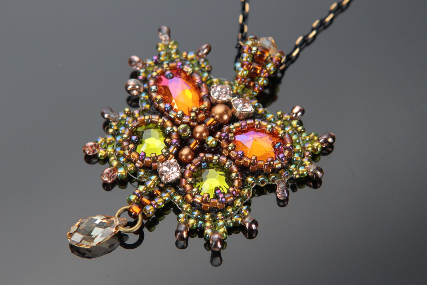 Handmade luxurious pendant embroidered with golden beads on long chain dragonfly photo 3