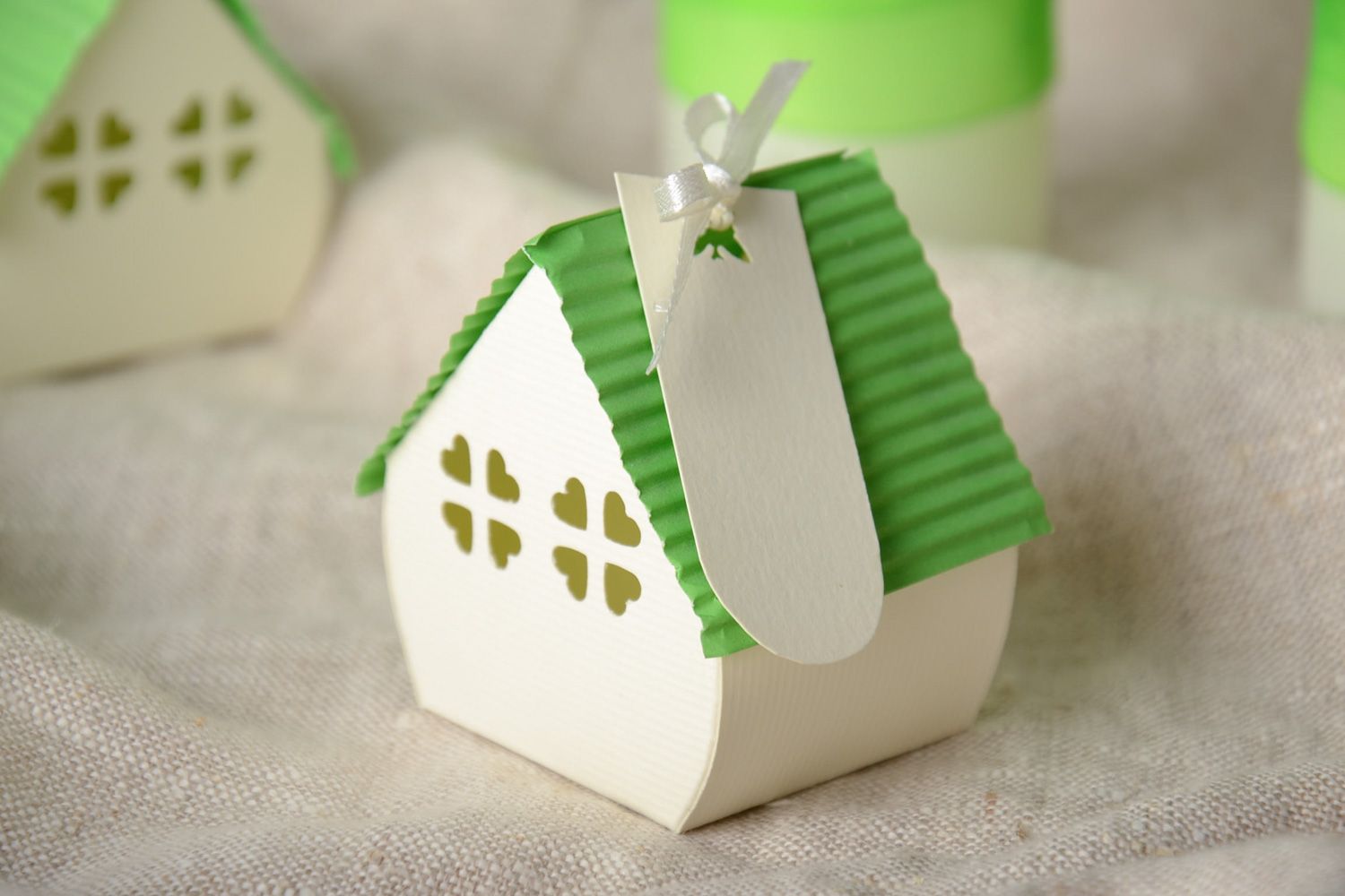 Handmade wedding paper favor box in the shape of house in green and white colors photo 1