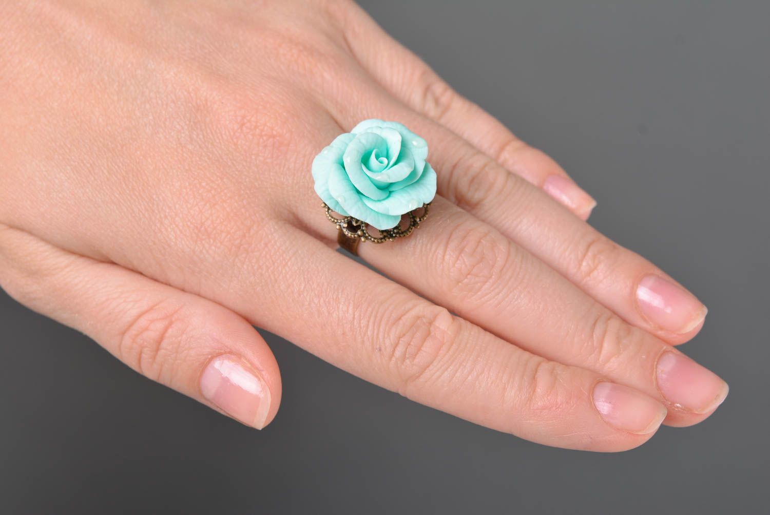 Beautiful gentle handmade designer polymer clay flower ring of blue color photo 3