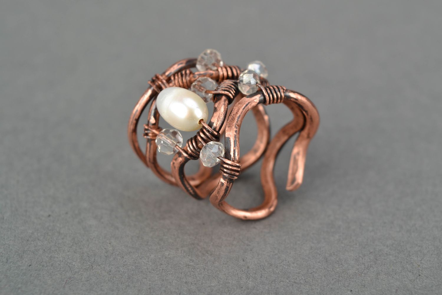 Wide copper ring with pearl wire wrap photo 3