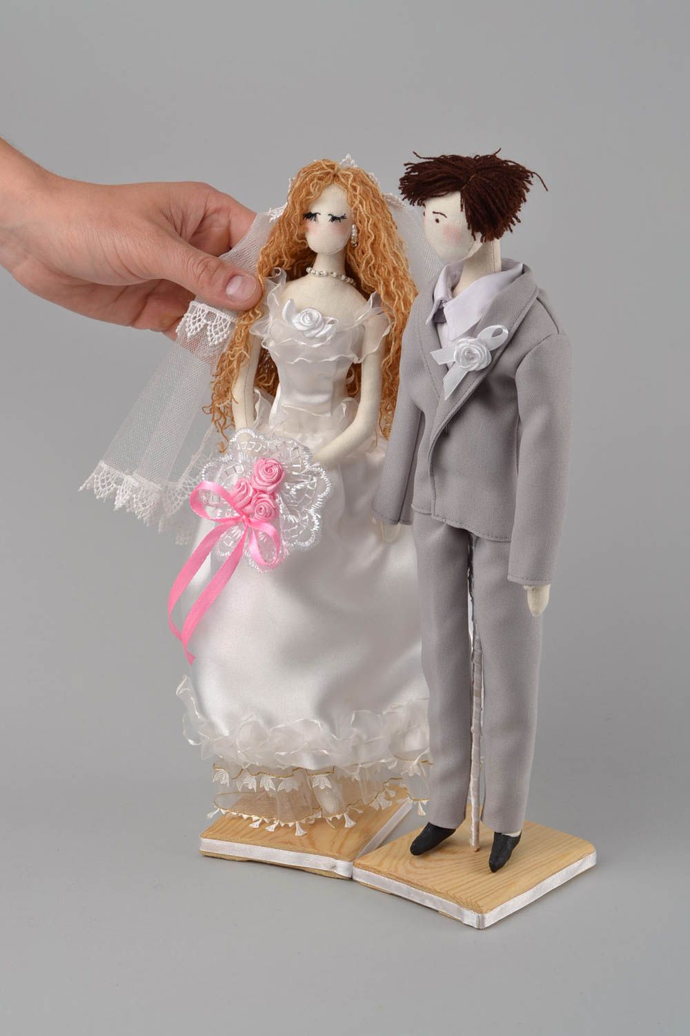 Set of 2 handmade designer fabric wedding soft dolls with stands bride and Groom photo 2