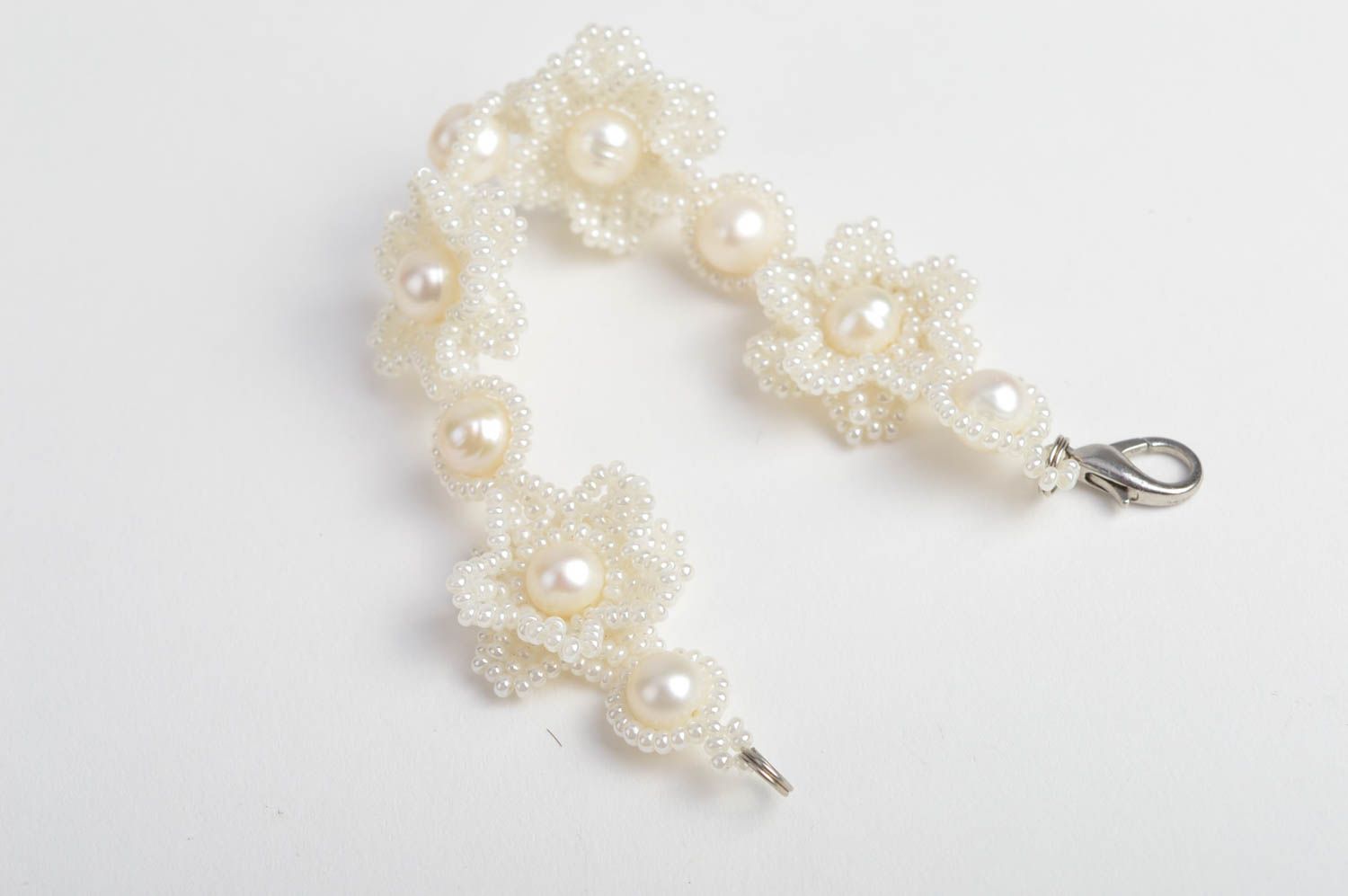 Seed beaded wedding bracelet with pearls unique designer accessory for bride photo 3