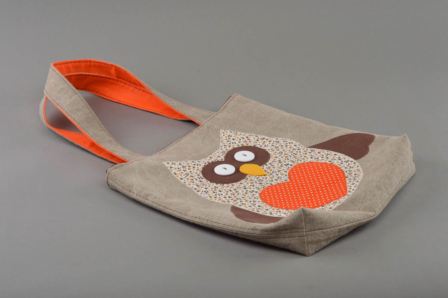 Beautiful unusual handmade linen shoulder bag convenient women's accessory Owl photo 1