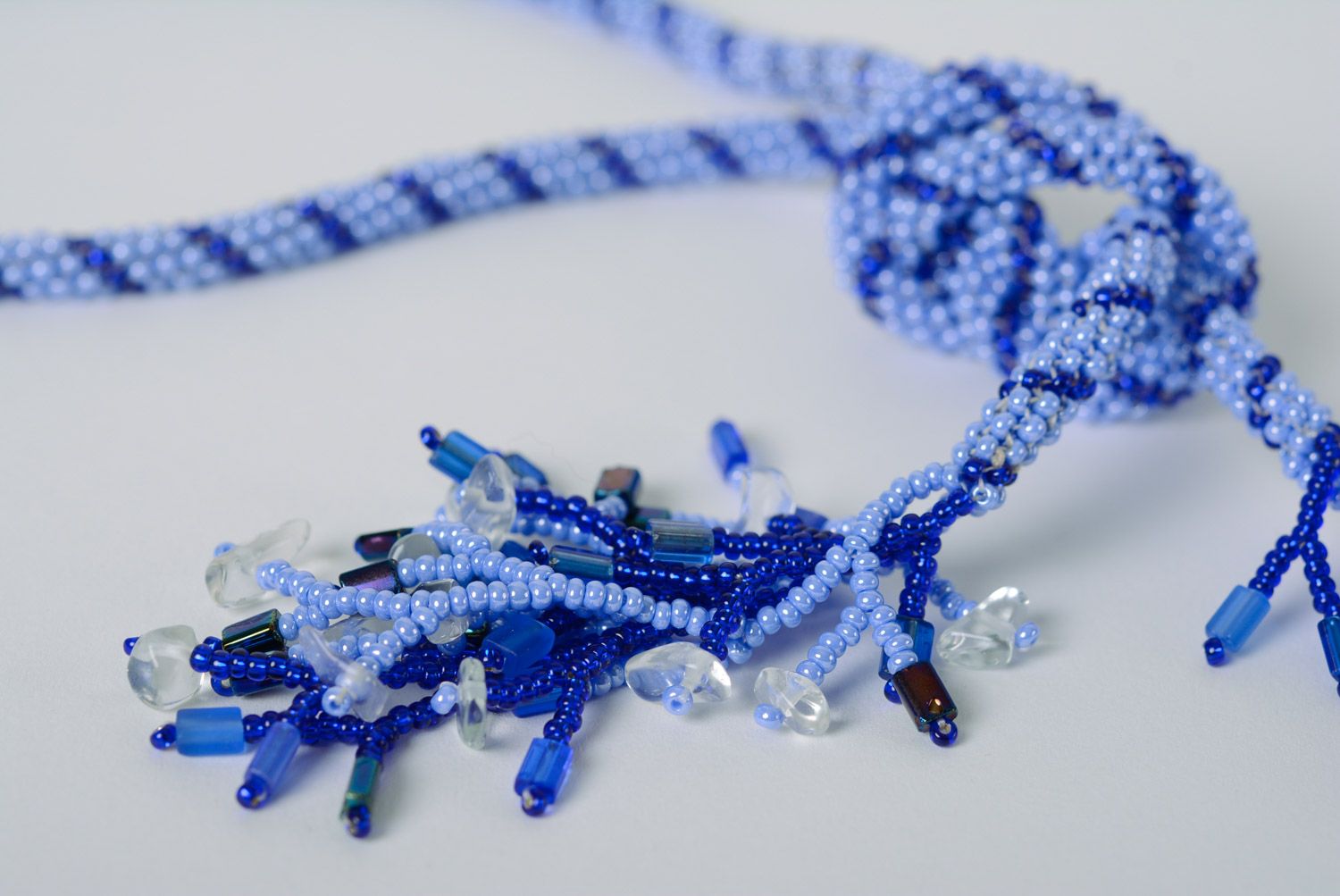 Handmade beautiful long necklace woven of beads in blue color palette for women photo 3