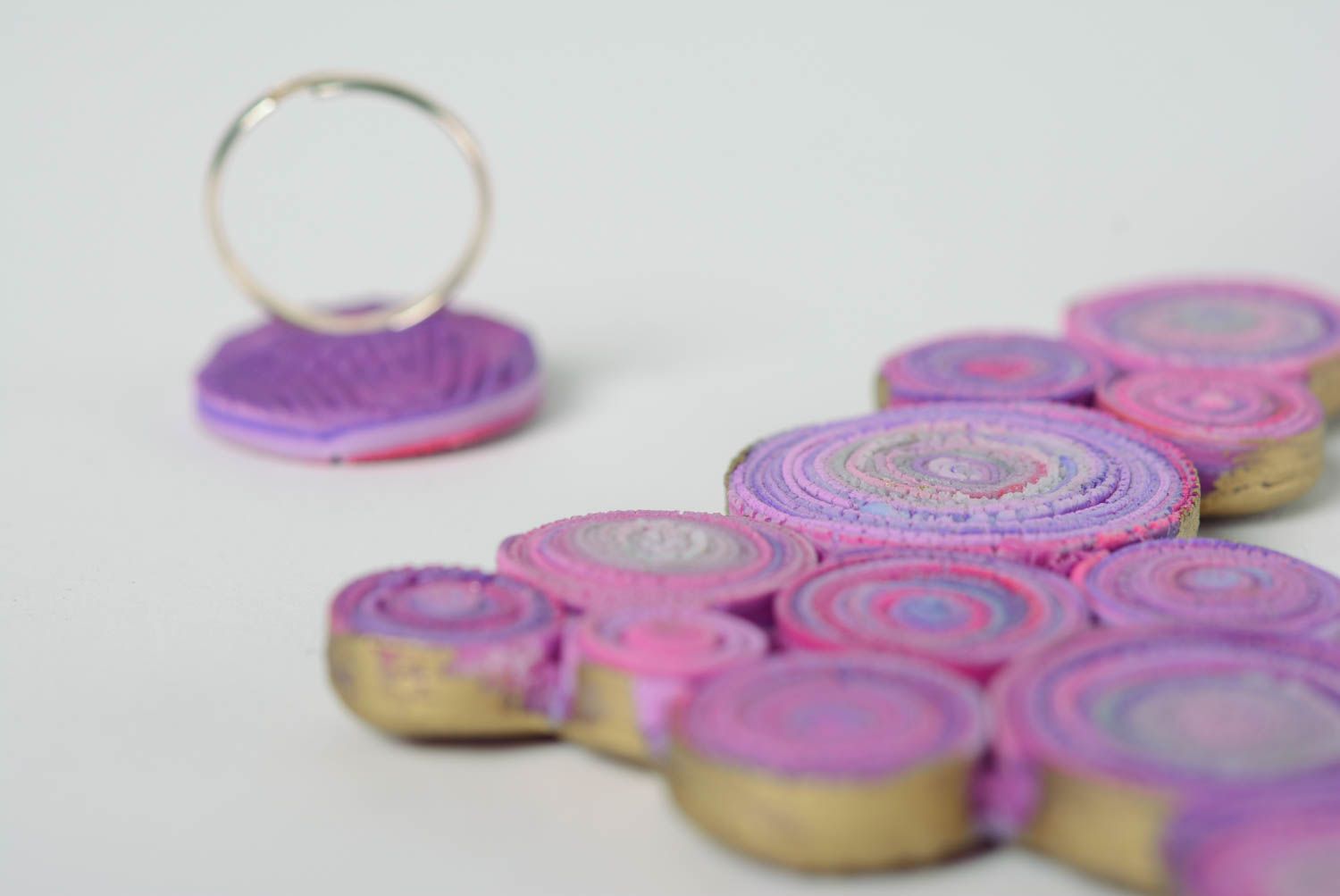 Set of handmade violet polymer clay jewelry necklace and round ring 2 items photo 2