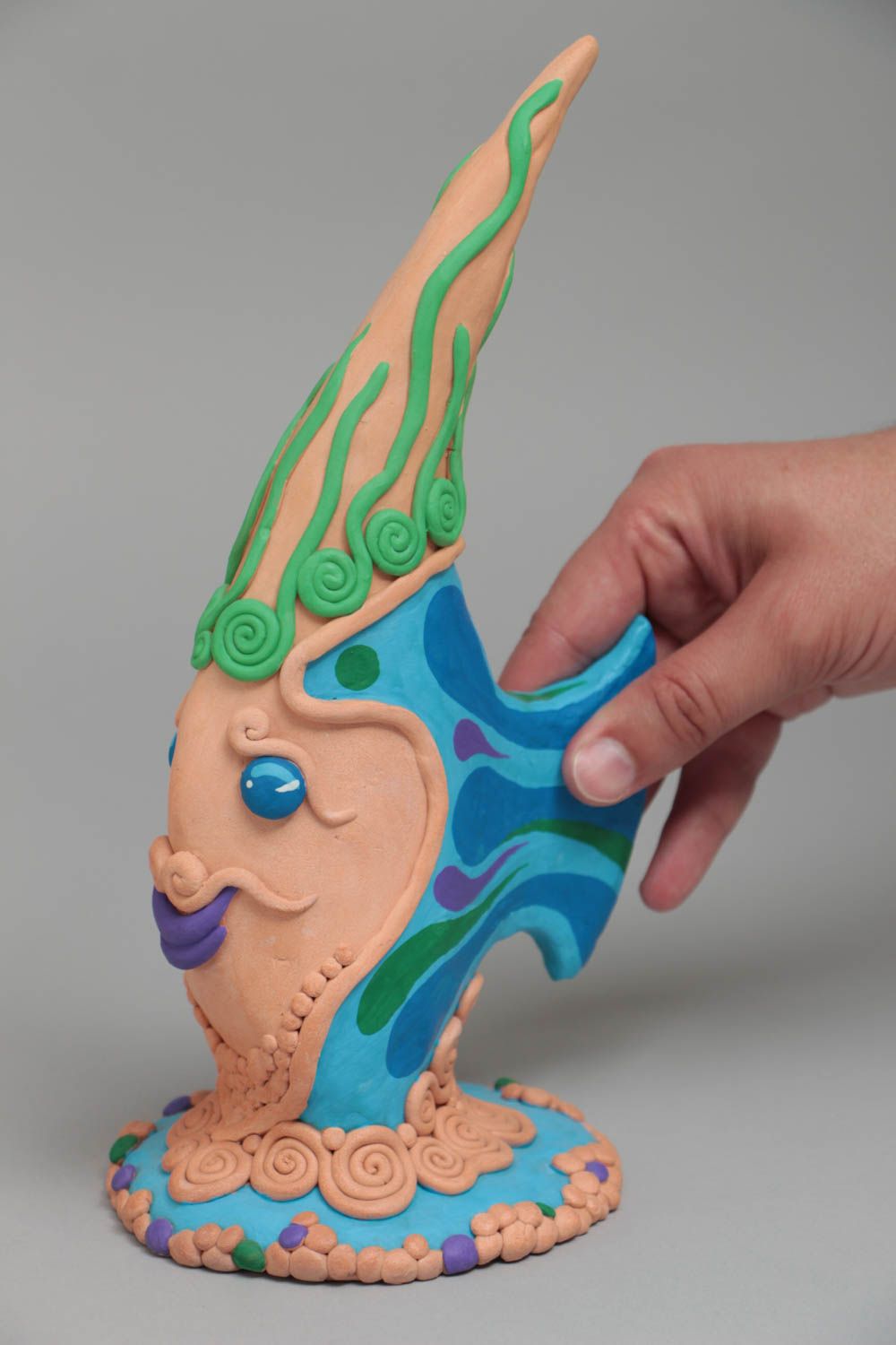Figura de animal de arcilla hecha a mano original estilosa pintada Pecesito foto 5
