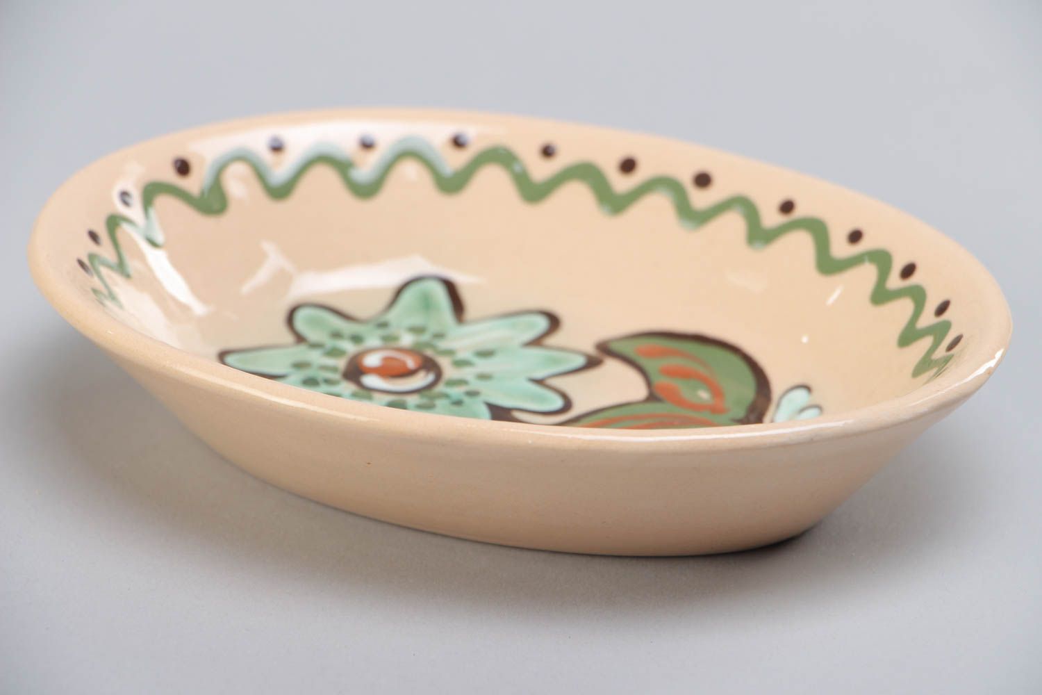 Handmade long ceramic bowl ornamented with colorful glaze ethnic kitchenware photo 2