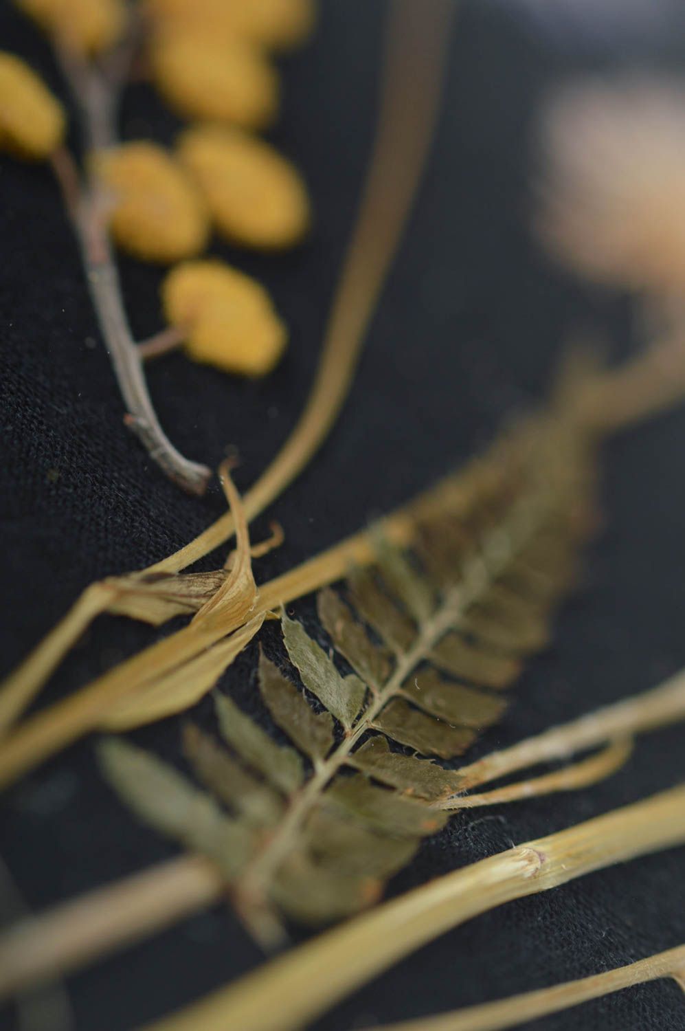 Картина из сухих листьев и цветов мимозы на ткани ручной работы Ваза с цветами фото 4