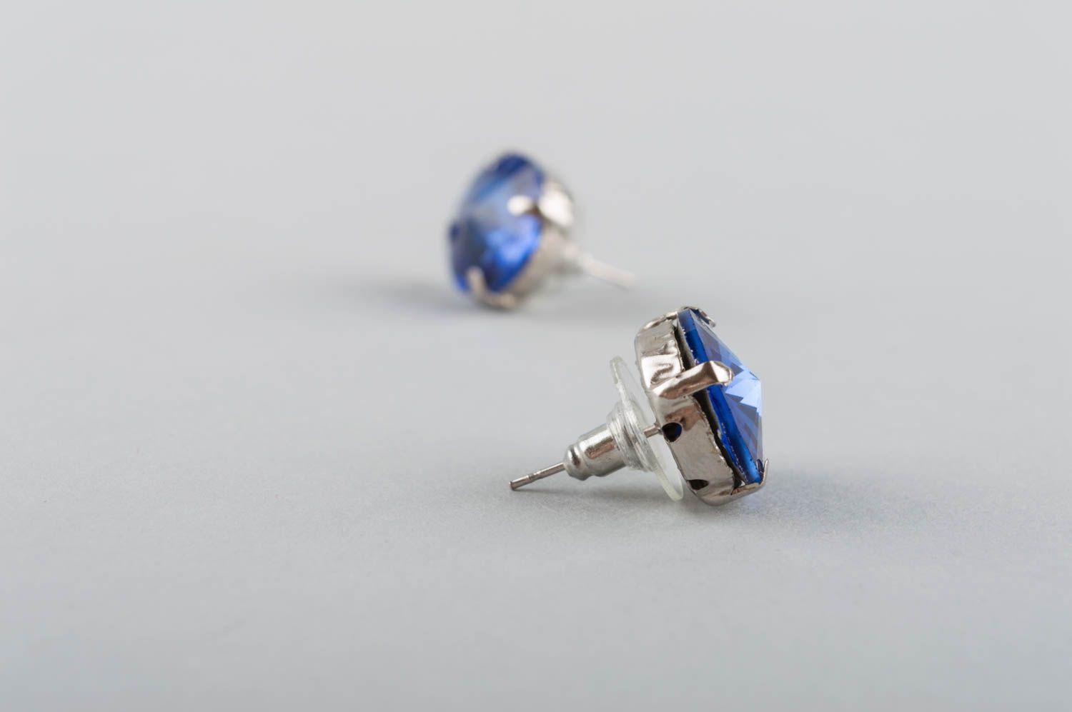 Handmade brass earrings stylish stud earrings blue rhinestones metal jewelry photo 5
