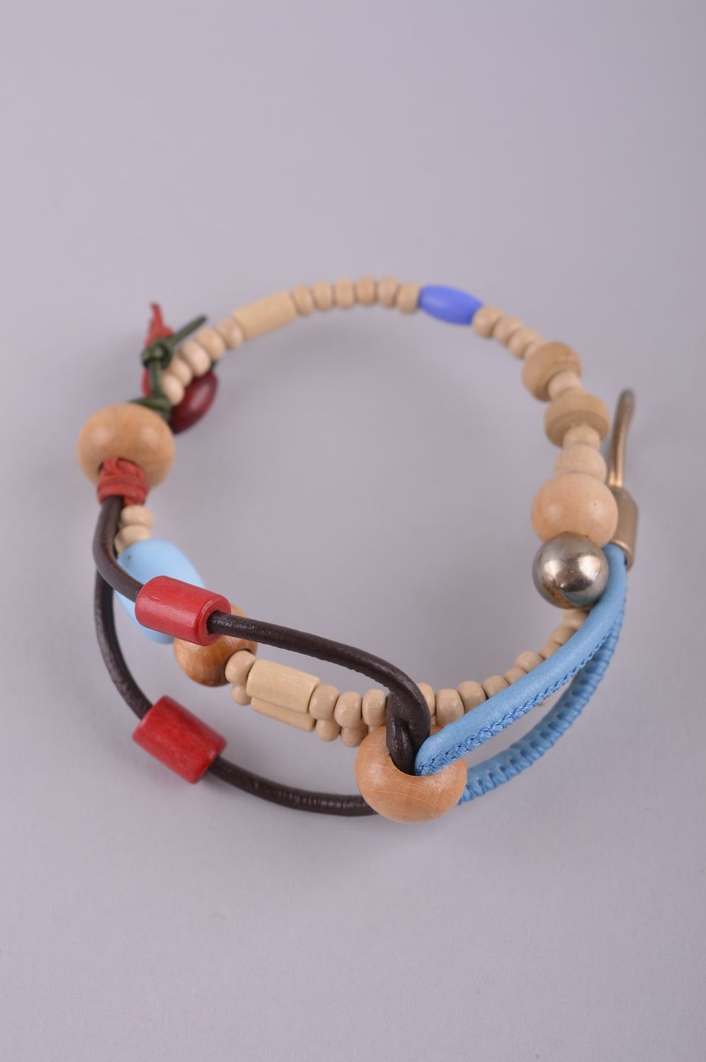 Bracelet fin Bijou fait main perles de bois cuir pierres Accessoire femme photo 2