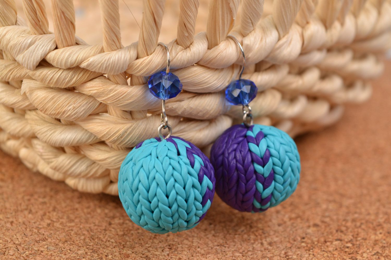 Handmade polymer clay earrings with dangling balls of blue and lilac colors photo 1