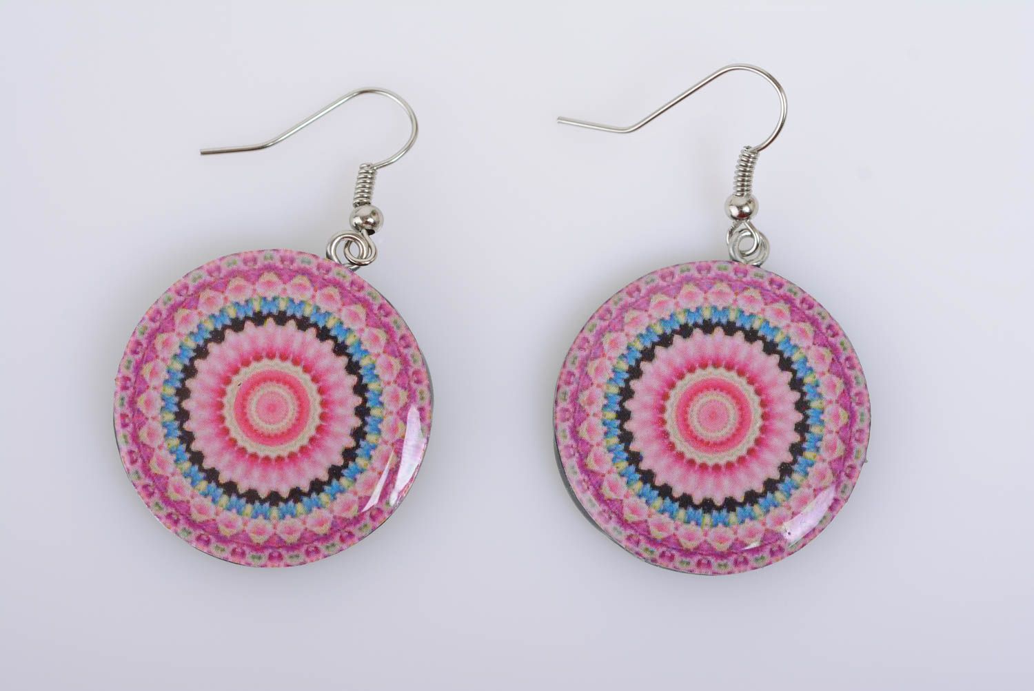 Round earrings with pink polymer clay handmade accessory for every day photo 5