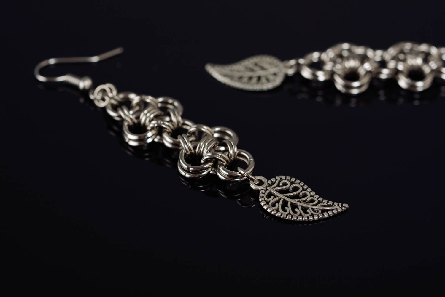 Beautiful handmade long dangling chainmail metal earrings  photo 4