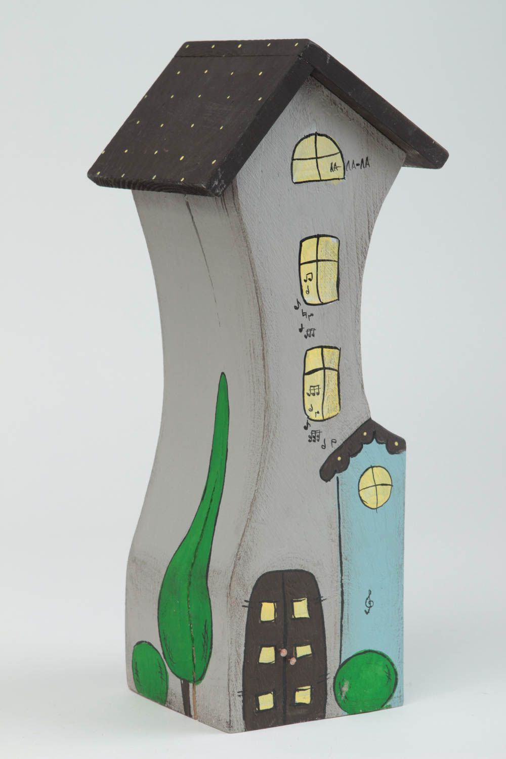 Statuette en bois fait main Figurine décorative Déco maison gris avec fenêtres photo 2