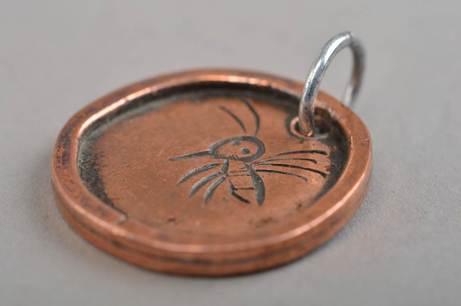 Round cute handmade pendant made of copper with picture of bee for girls photo 4