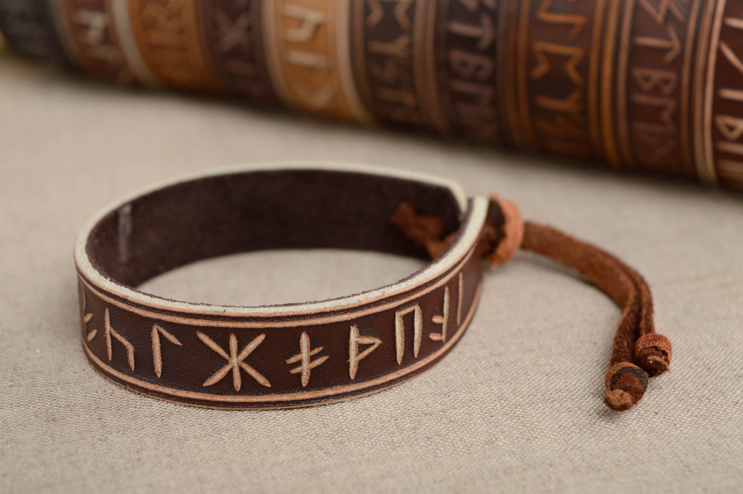 Unisex leather bracelet with runes photo 2