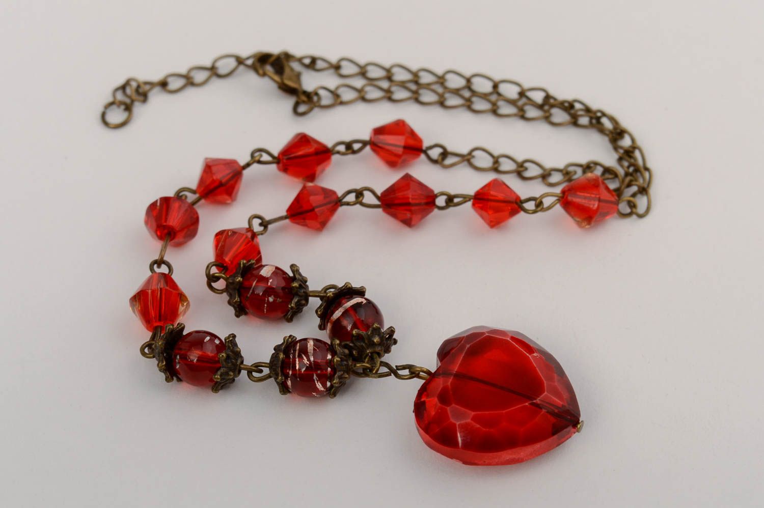 Handmade designer necklace with red Czech crystal and heart shaped pendant photo 2