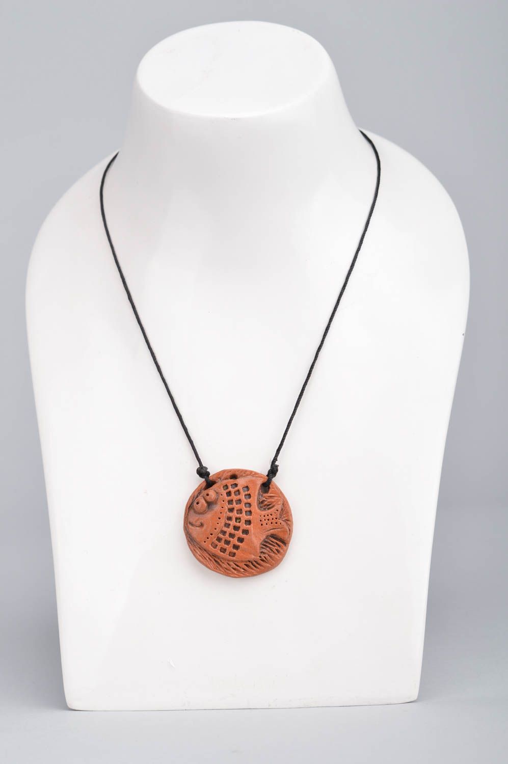 Handmade necklace ceramic pendant necklace on cord 300 mm ethnic jewelry photo 5