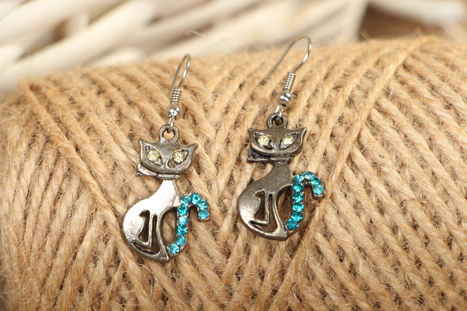 Metal earrings with rhinestones Kitties photo 4