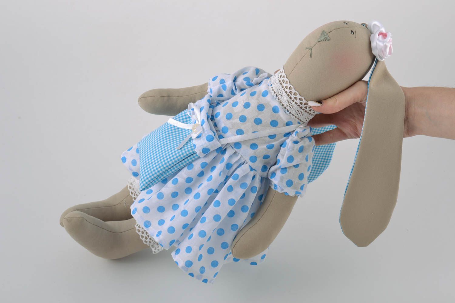 Handmade linen fabric soft toy rabbit in blue polka dot dress with small bag photo 3