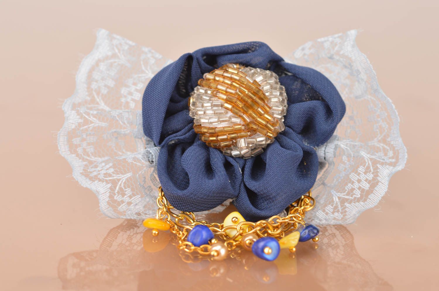 Оригинальная красивая винтажная брошь с кружевом ручная работа Синий цветок  фото 2