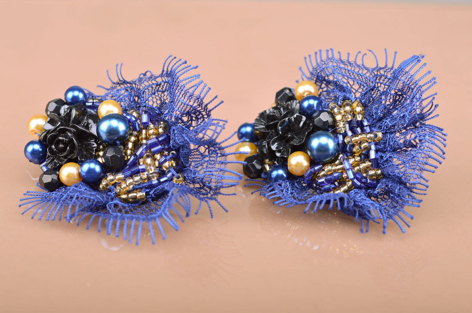 Handmade massive beaded stud earrings with lace in black and dark blue colors photo 1