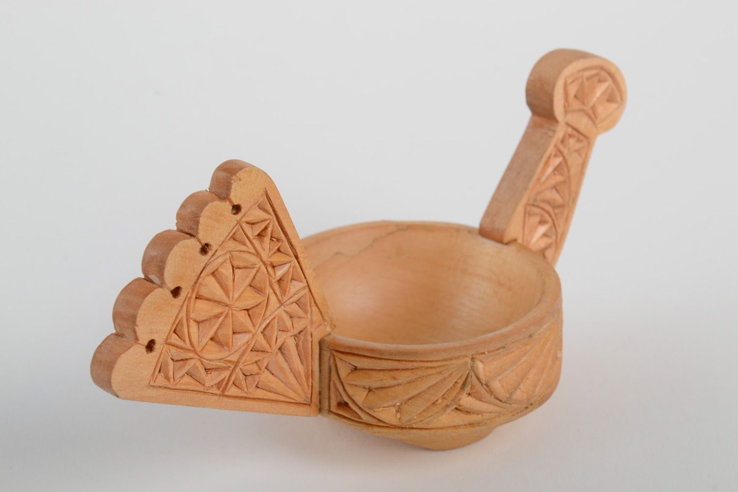 Small handmade varnished carved wooden salt cellar in Slavic style Bird photo 3