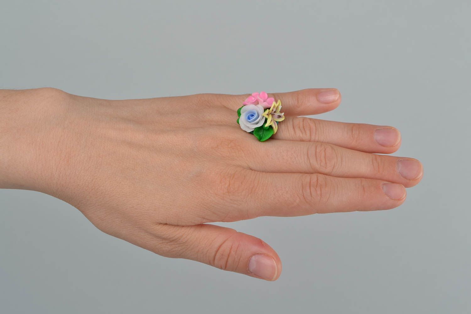 Unusual beautiful handmade volume polymer clay flower ring on wire wrap basis photo 2