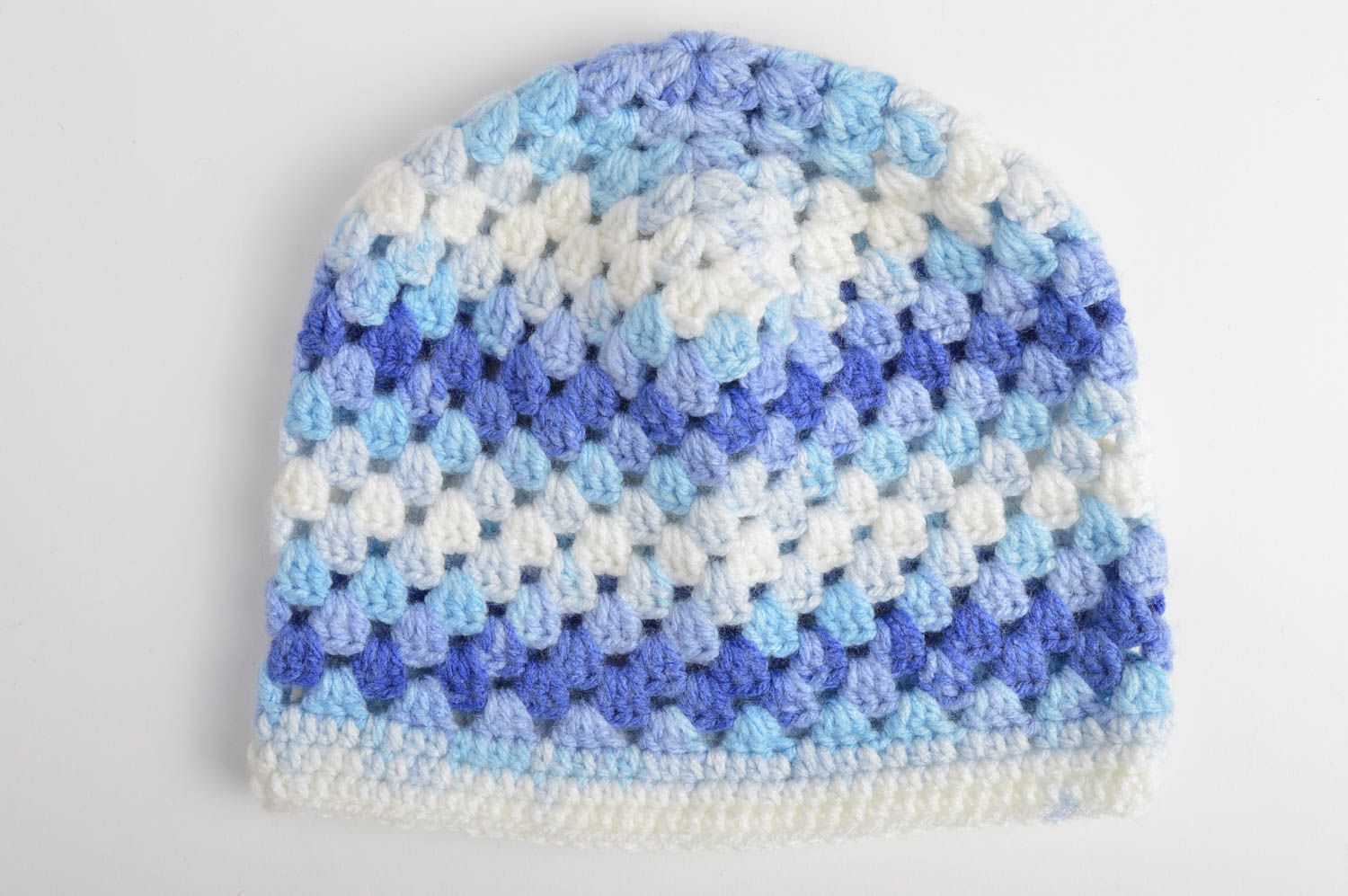 Bonnet tricot Chapeau au crochet bleu blanc coton acrylique Vêtement enfant photo 3