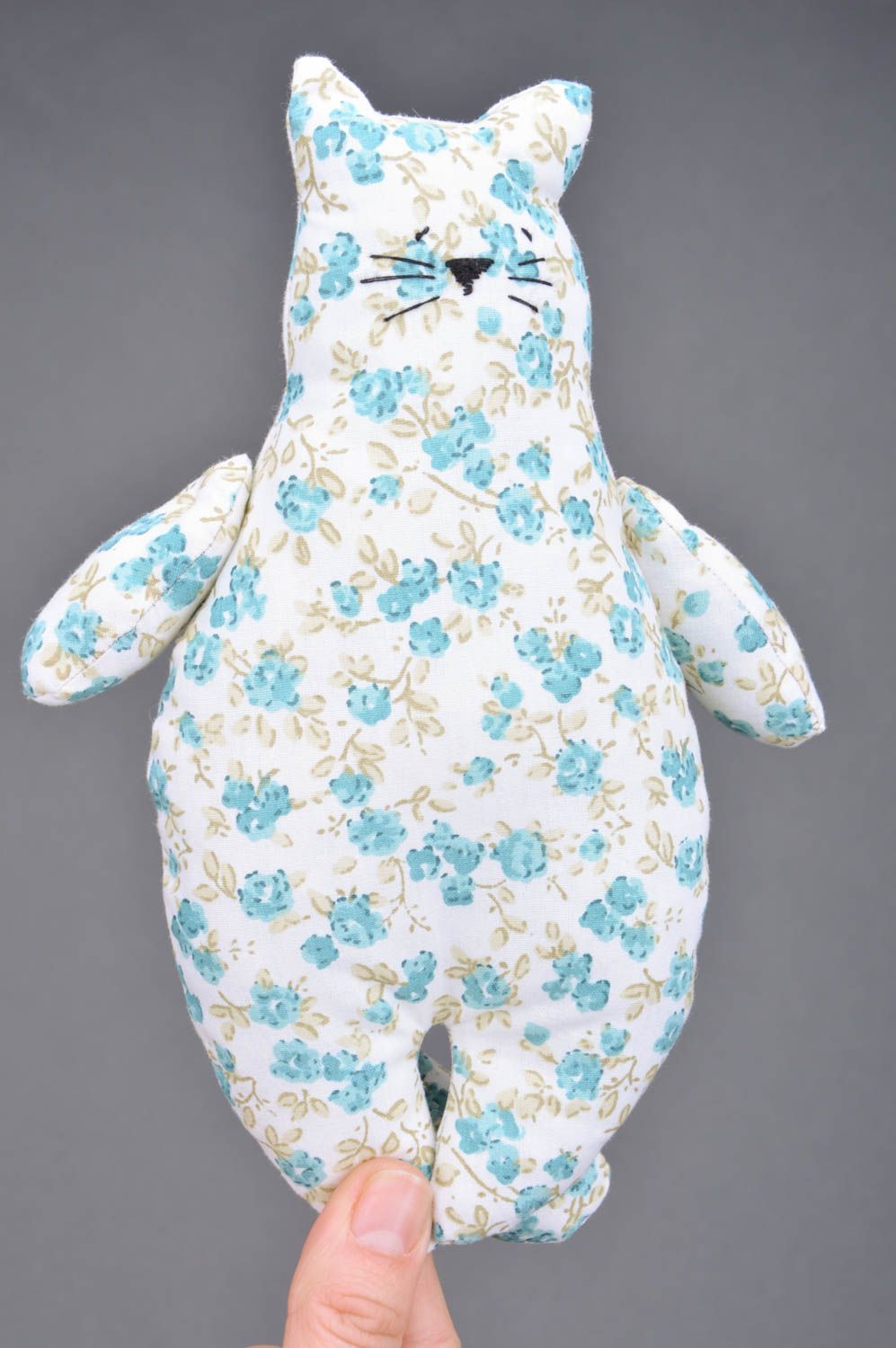 Soft fabric cat made of cotton with flower pattern handmade blue decorative toy photo 3