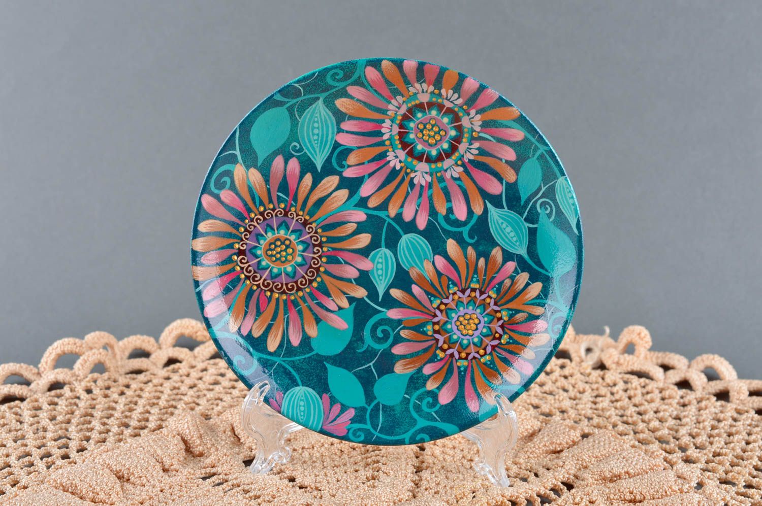 Handmade blauer Keramik Wandteller Küchen Deko Wohn Accessoire mit Blumen foto 1
