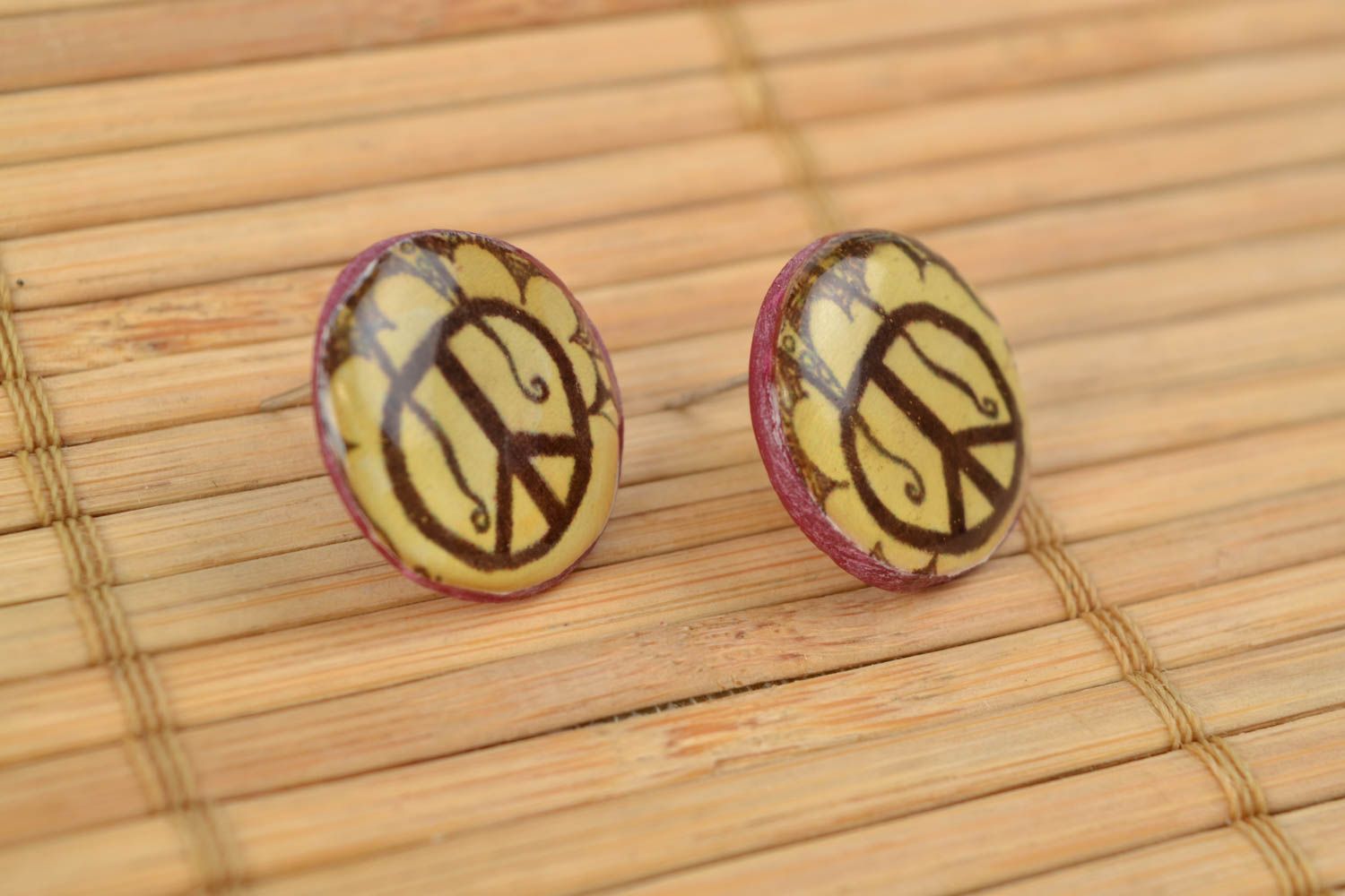 Handmade polymer clay stud earrings with decoupage Peace coated with epoxy resin photo 3