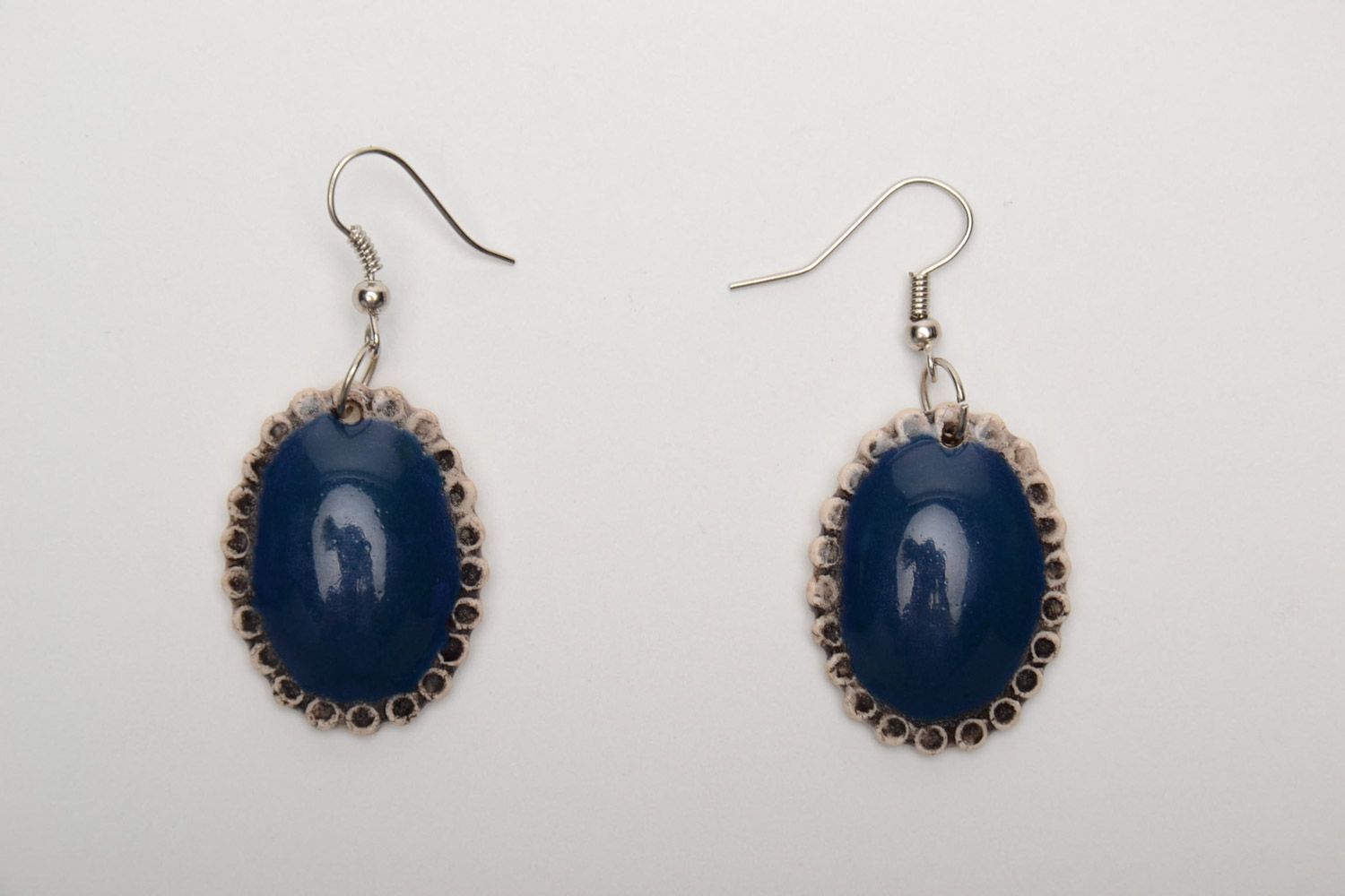 Handmade oval ceramic dangle earrings coated with blue enamel for women photo 5