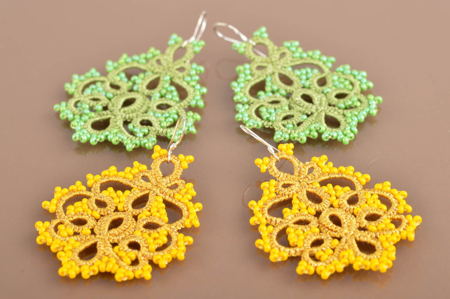 Set of 2 pairs of handmade designer lace drop tatted earrings yellow and green photo 5