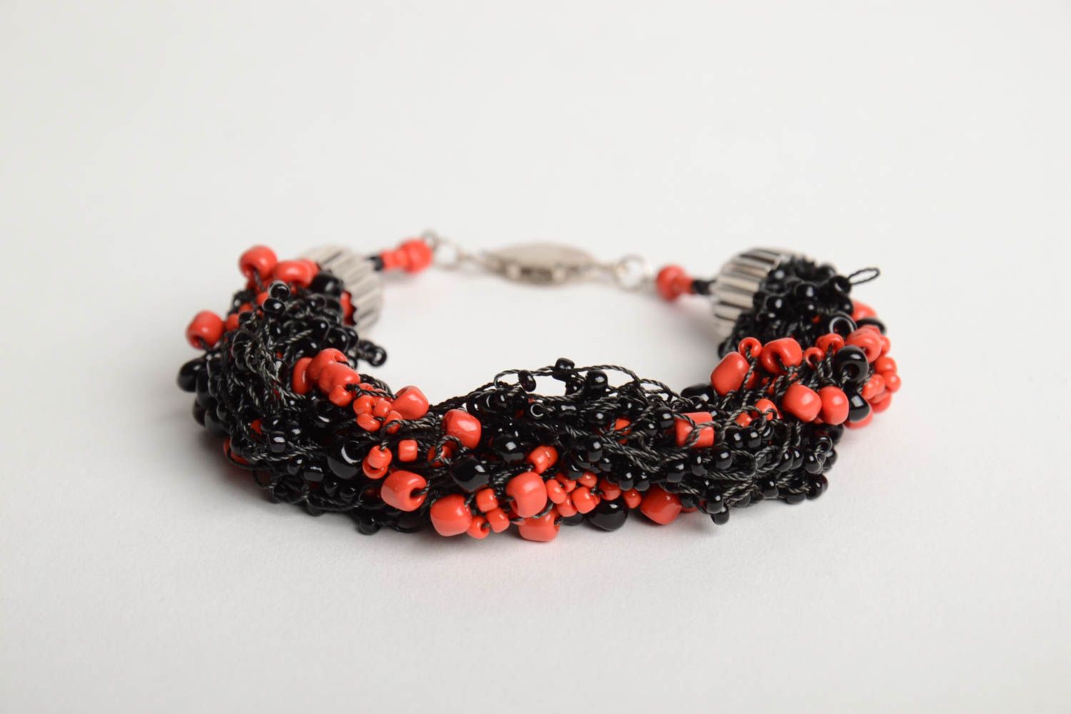 Handmade designer women's wrist bracelet woven of black and red Czech seed beads photo 3