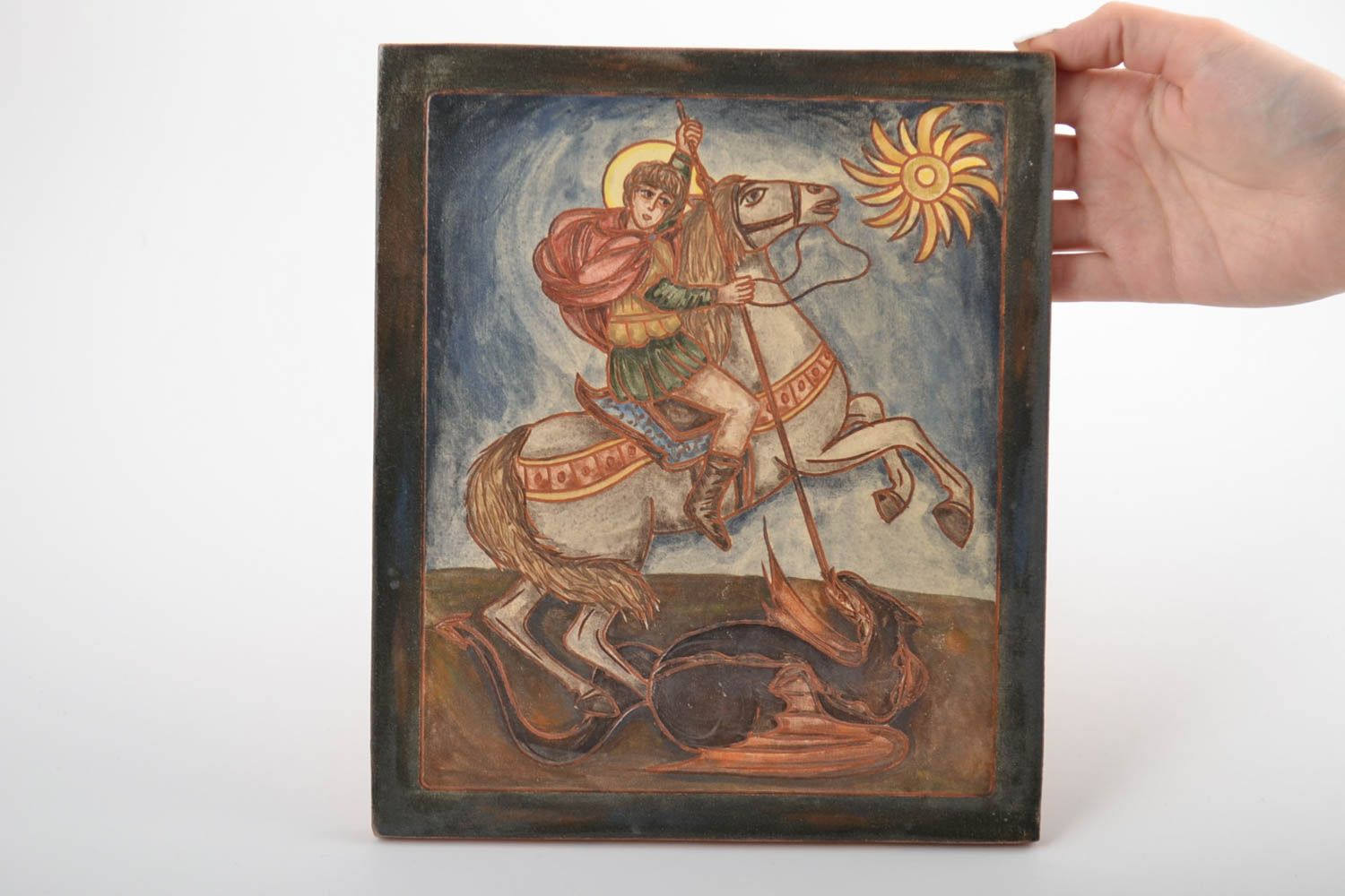 Ceramic tile Saint George painted with engobes beautiful handmade wall panel photo 2