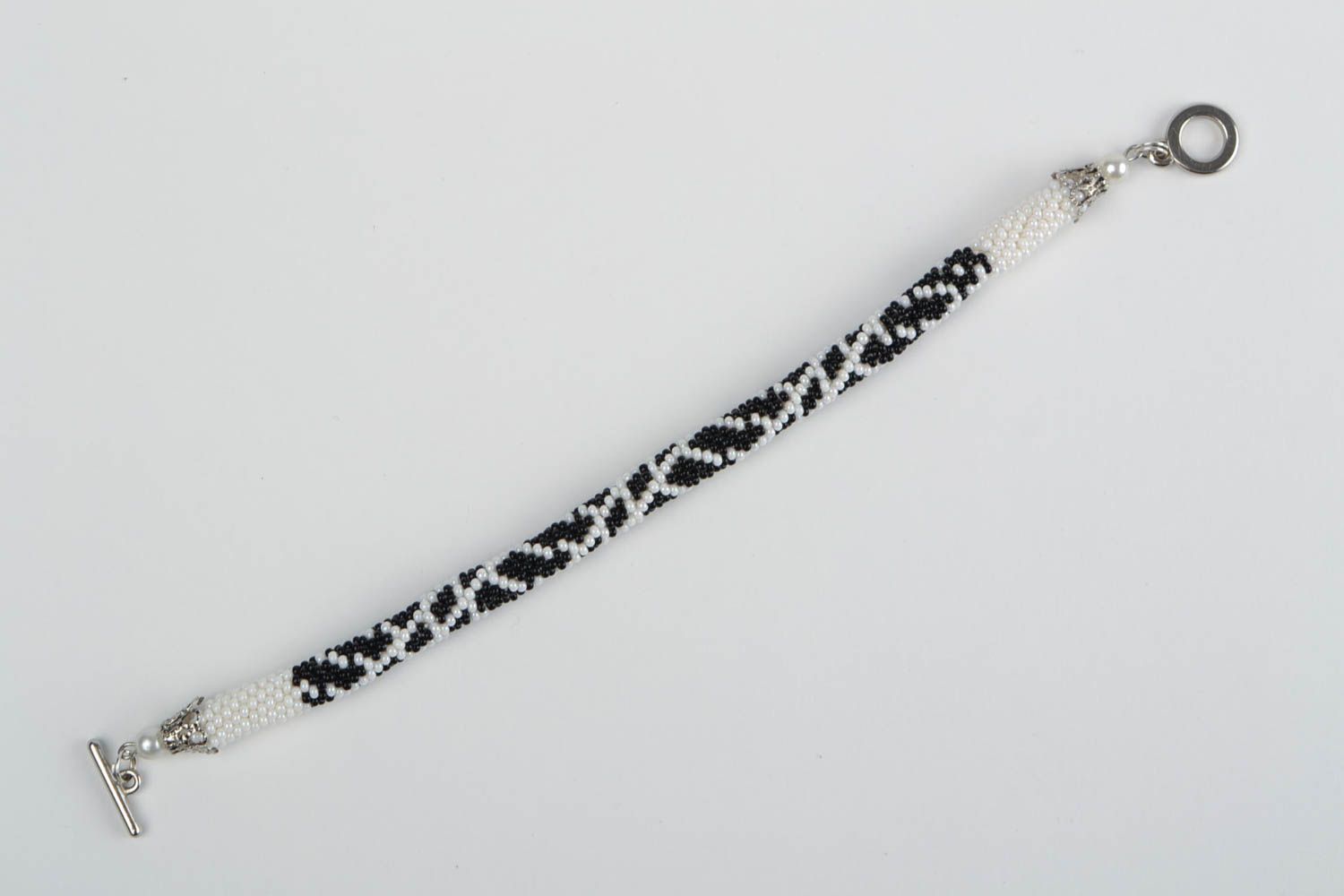 Women's handmade designer woven beaded cord bracelet black and white photo 3