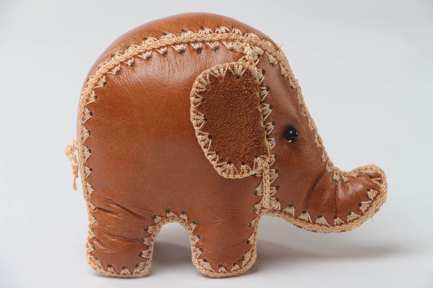 Handmade small designer soft toy cute elephant cub sewn of genuine brown leather photo 2