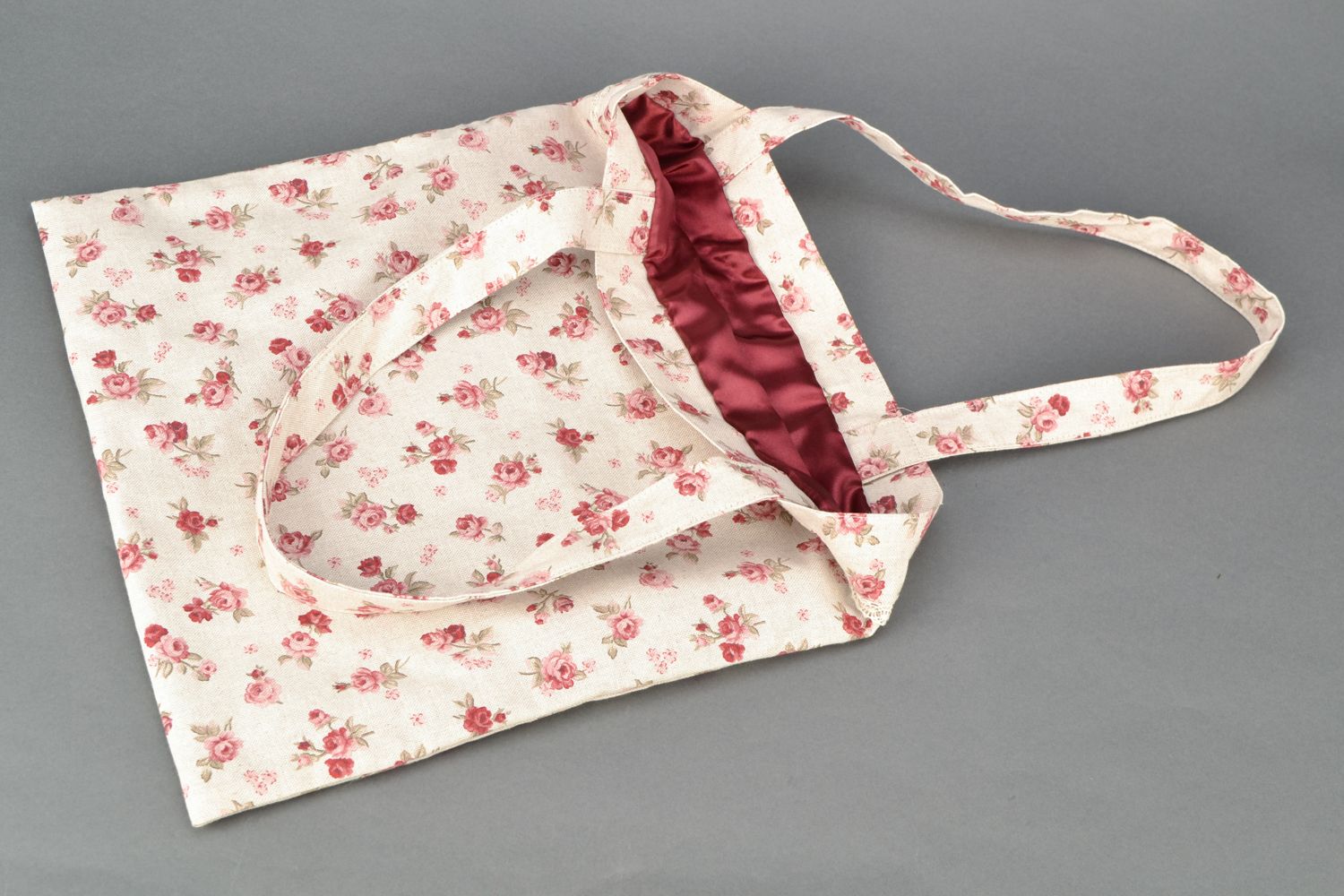 Grand sac en coton et polyamide fait main avec impression florale et dentelle  photo 4