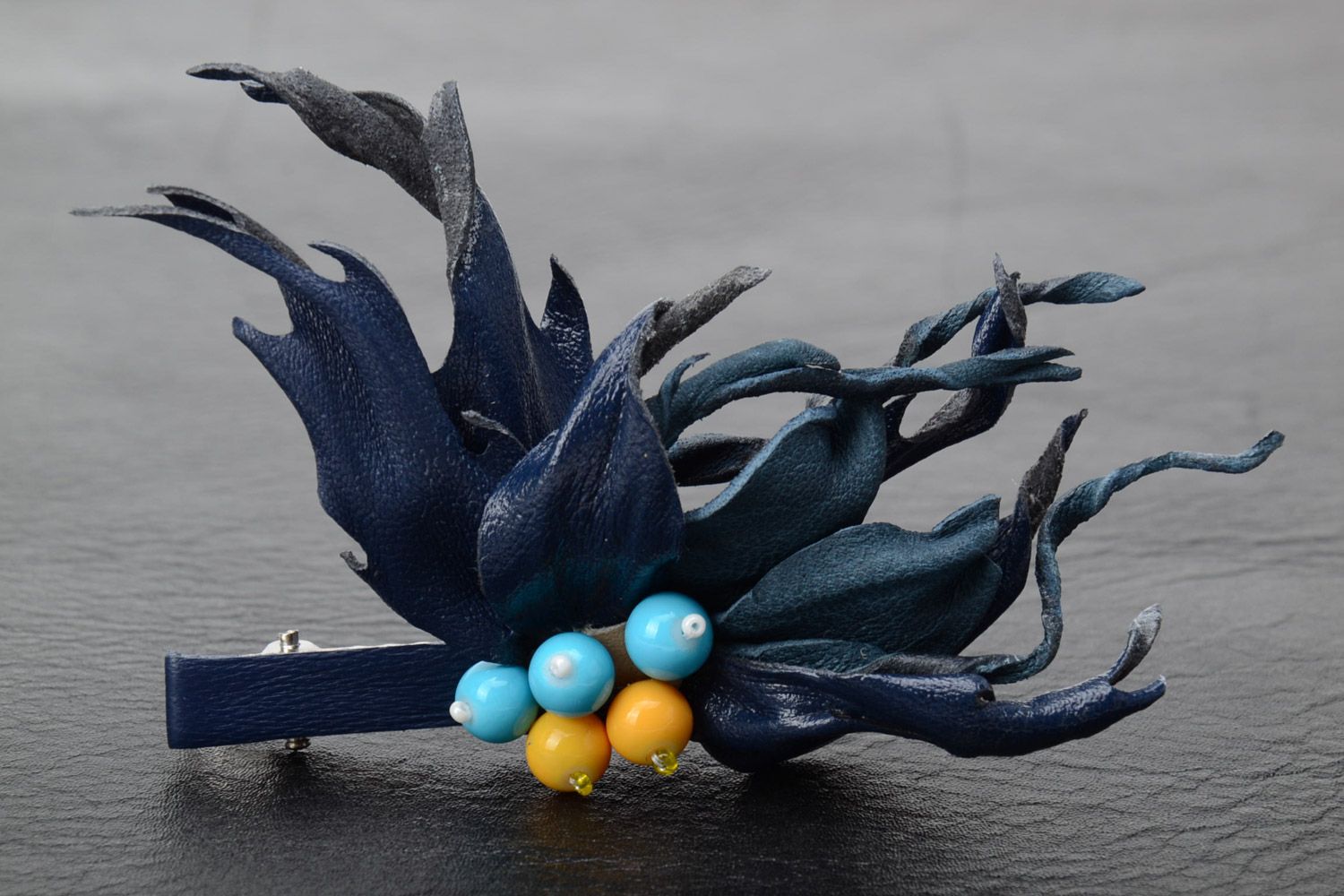 Handmade designer genuine leather volume black flower hair clip with beads  photo 1