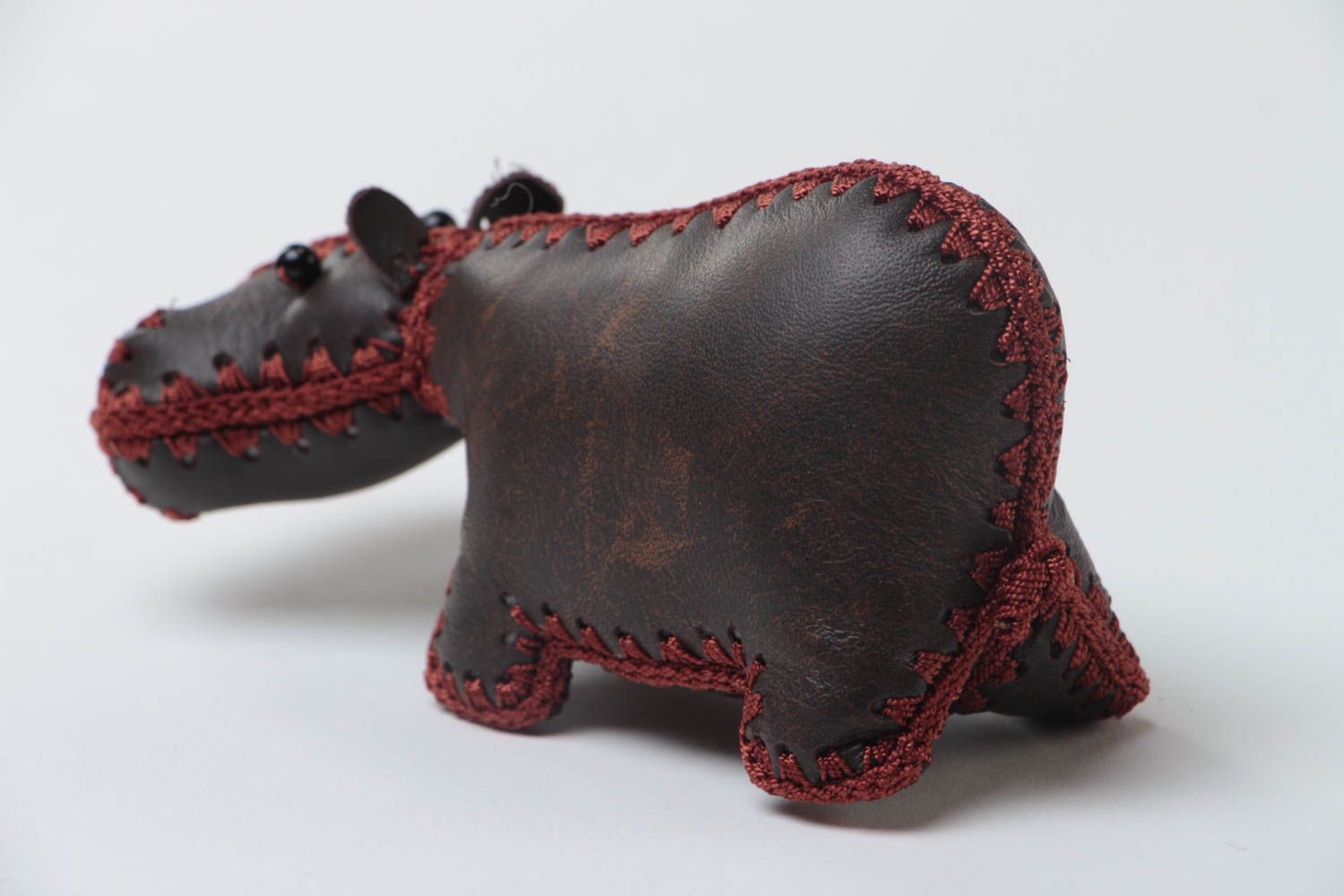 Handmade designer soft toy hippo sewn of genuine dark brown leather for interior photo 4