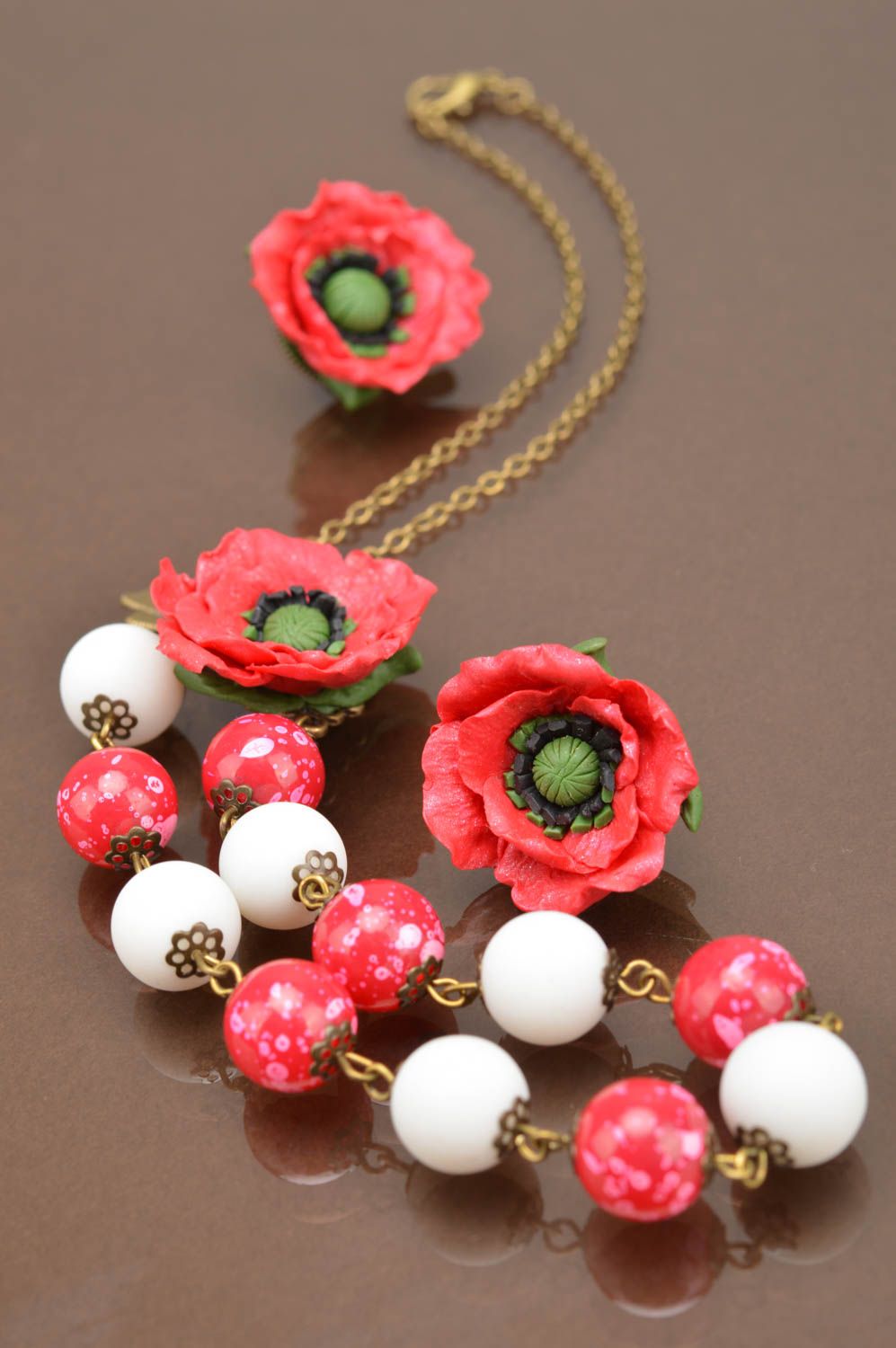 Handmade floral polymer clay jewelry set earrings and necklace with red poppies photo 5