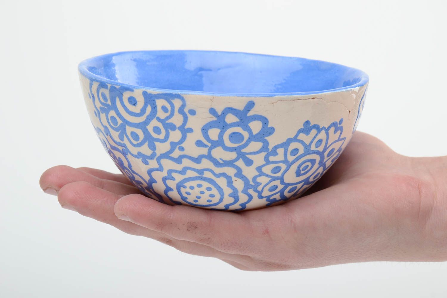 Handmade ceramic bowl painted with blue glaze 500 ml clay kitchen decor photo 5