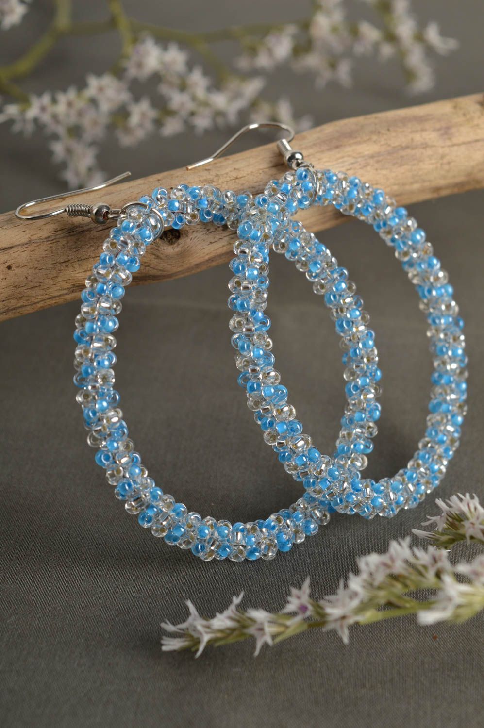 Handmade blue beautiful earrings unusual beaded accessory female earrings photo 1