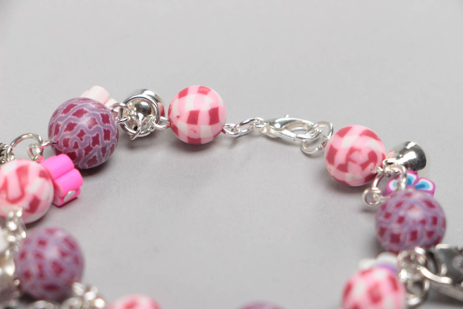 Handmade pink children's polymer clay wrist bracelet with charms photo 3