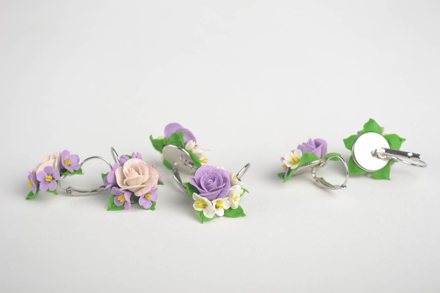 Boucles d'oreilles fleurs mauves Bijoux faits main 3 paires Cadeau pour femme photo 2