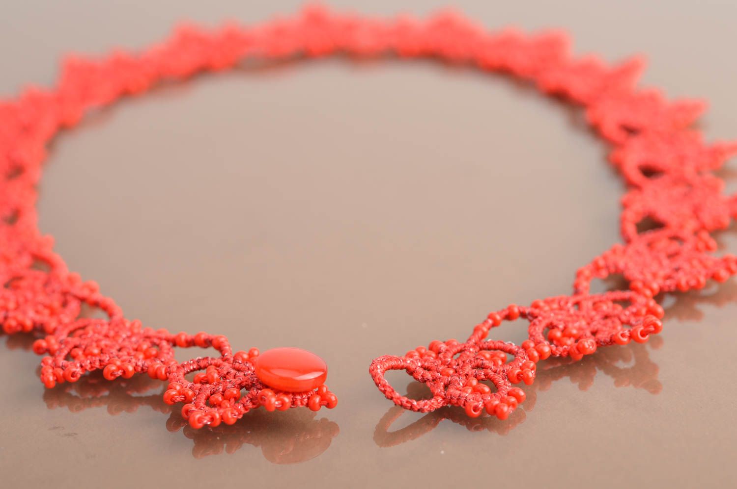 Beautiful handmade designer tatting lace necklace with beads Red for girls photo 5