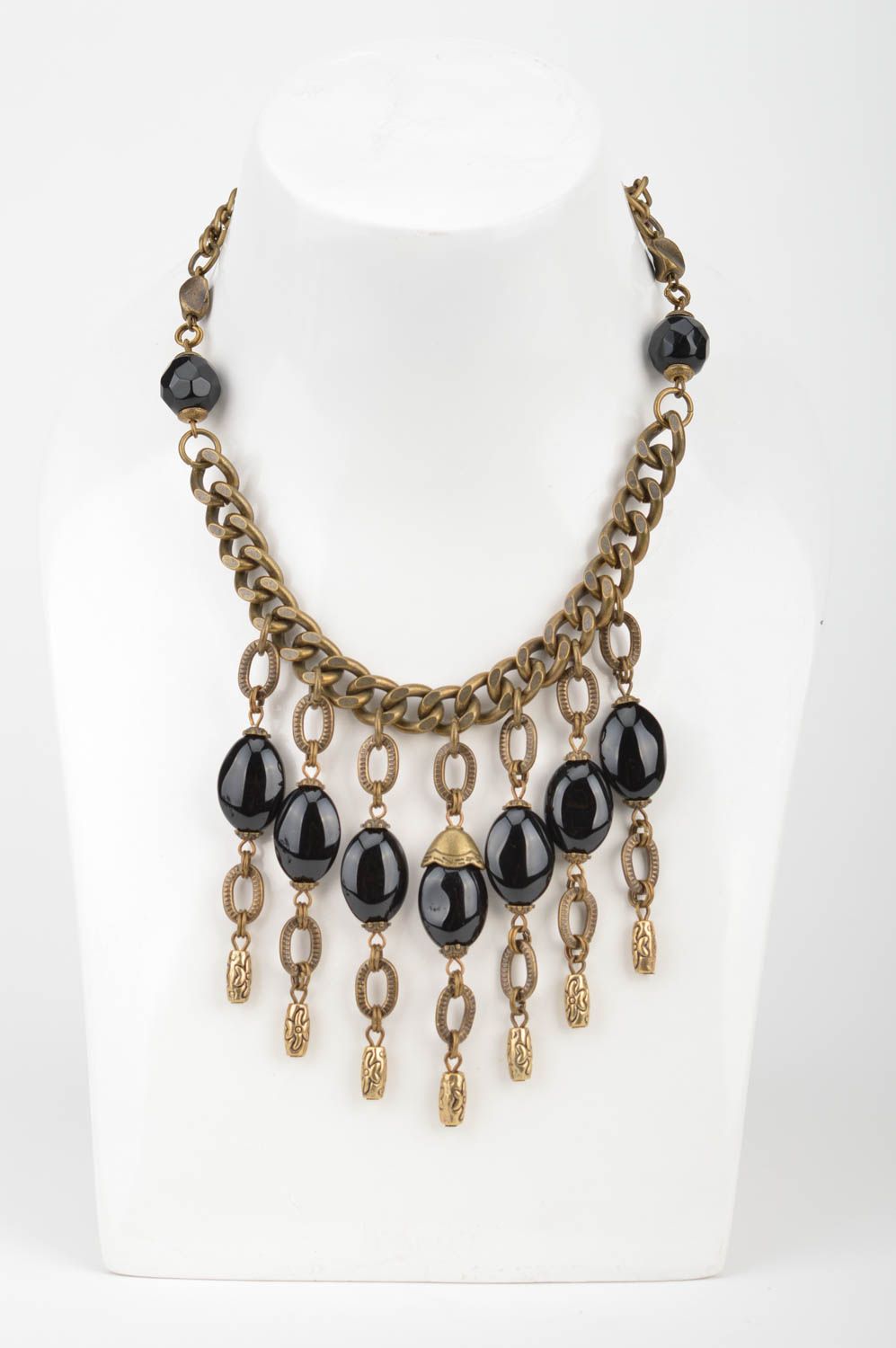 Handmade massive designer elegant metal chain necklace with large black beads photo 1