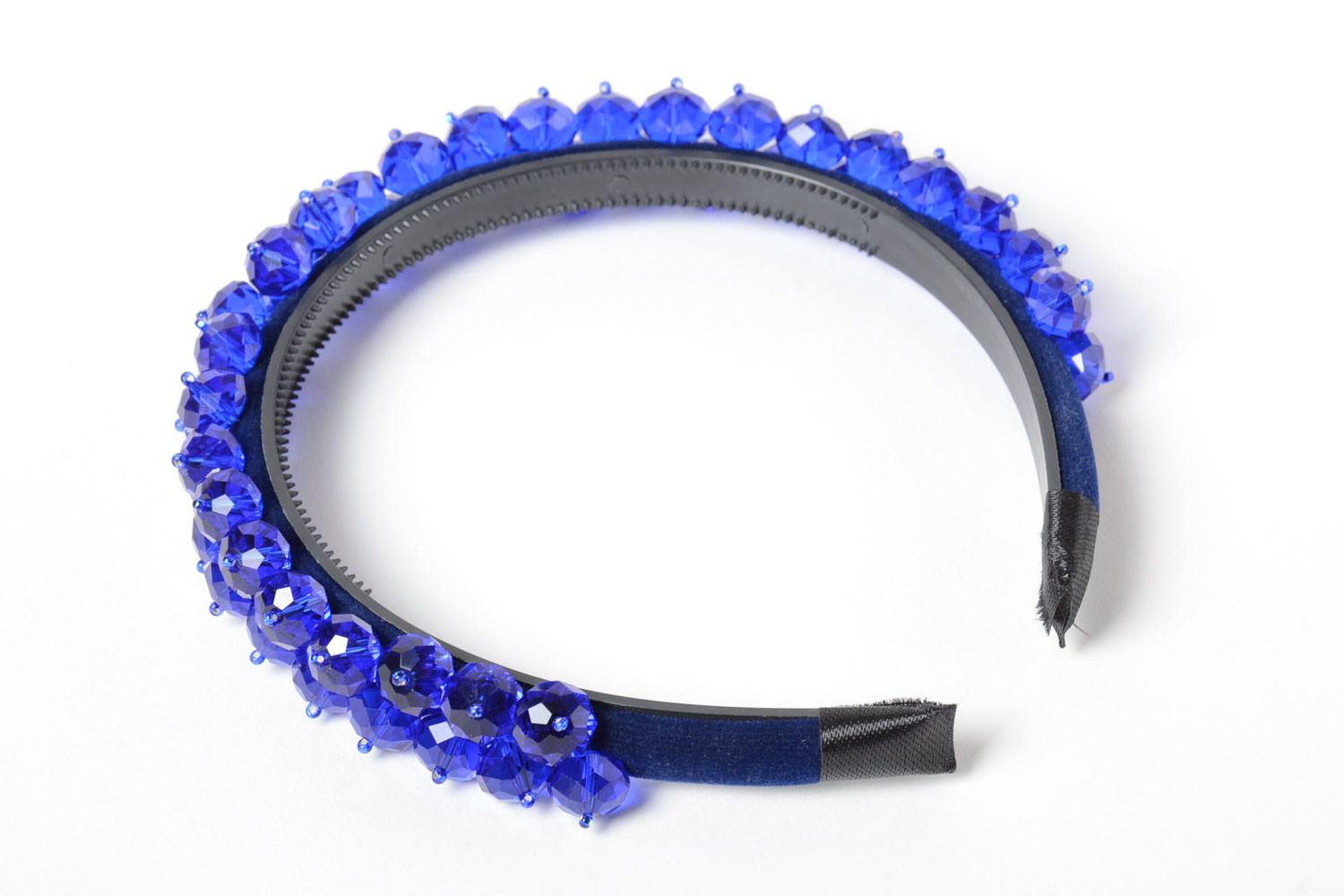 Festive blue handmade velvet headband with faceted beads for dark-haired girls photo 4