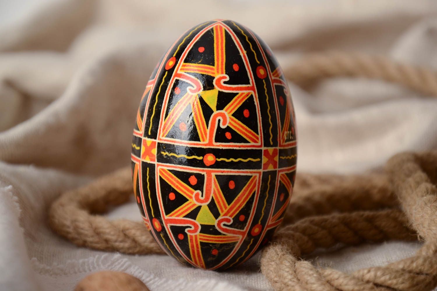 Handmade dark painted decorative goose egg with geometric ornaments Easter souvenir photo 1